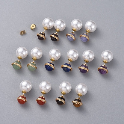 Natural Gemstone Ball Stud Earrings, with Acrylic Pearl Ear Nuts, Golden Plated 304 Stainless Steel Stud Earring Findings and Ear Nuts