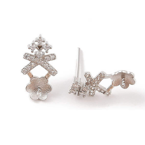 925 Sterling Silver Micro Pave Cubic Zirconia Earring Settings Findings, for Half Drilled Beads, Bows & Flowers