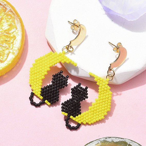 Стеклянные бусины висят серьги, с 304 гайками-ушками из нержавеющей стали и 304 соединительными кольцами из нержавеющей стали, с нейлоновой проволокой, луна в форме кошки