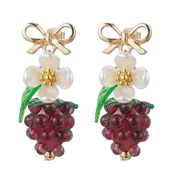 Серьги сплава, с имитацией жемчуга из АБС-пластика и подвесками в стиле лэмпворк, винограды