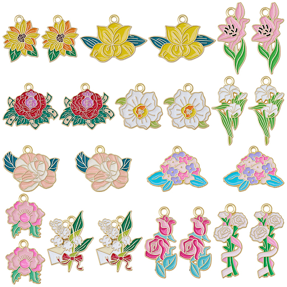 24 шт 12 стили подвески из сплава эмали, золотые, цветок