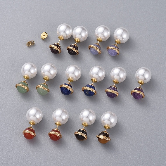 Natural Gemstone Ball Stud Earrings, with Acrylic Pearl Ear Nuts, Golden Plated 304 Stainless Steel Stud Earring Findings and Ear Nuts