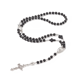 Natural Lava Rock & Synthetic Turquoise Rosary Bead Necklace, Alloy Virgin Mary & Cross Pendant Necklace for Women