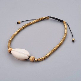 Adjustable Nylon Cord Braided Anklets, with Cowrie Shell and Wood, Electroplate Non-magnetic Hematite Beads