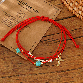 Браслеты с подвесками в виде креста из синтетической бирюзы и латуни, плетеные браслеты из волоконного шнура для парной дружбы