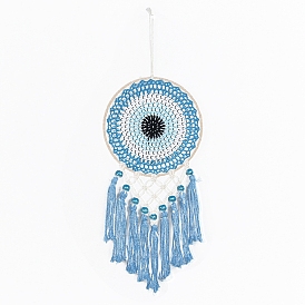 Bohemian Cotton Evil Eye Woven Web/Net with Feather Wall Hanging Decorations, with Iron Ring, for Home Bedroom Decorations
