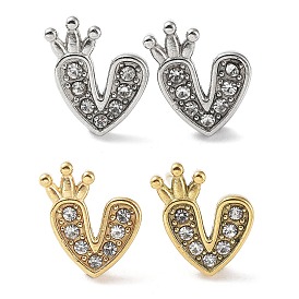 304 Stainless Steel with Rhinestone Stud Earrings, Heart with Crown