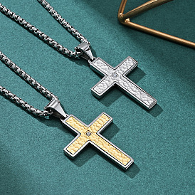 304 Collares con colgante de cruz religiosa martillada de acero inoxidable con circonitas cúbicas transparentes para hombre