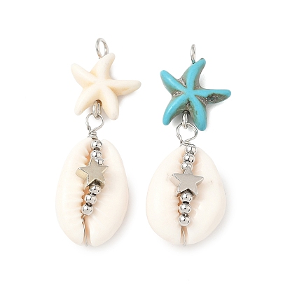 2шт. подвески из натуральных смешанных ракушек каури, морская звезда, с синтетическими бирюзовыми бусинами, латунными бусинами и медной проволокой