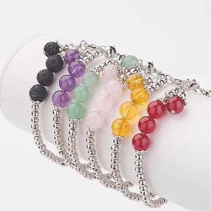 Iron Beaded Bracelets, with Gemstone Beads and Brass Lobster Claw Clasps