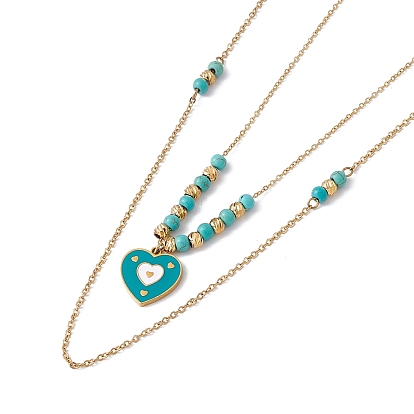 Enamel Charms Double Layer Necklace with Synthetic Turquoise Beaded, 304 Stainless Steel Cable Chains Bohemia Necklace for Women, Golden