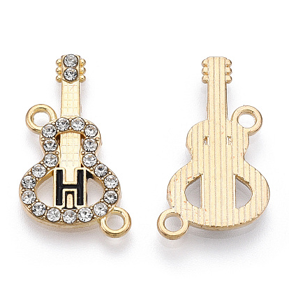 Alloy Black Enamel Connector Charms, with Crystal Rhinestone, Cadmium Free & Lead Free, Guitar Links with Letter, Light Gold