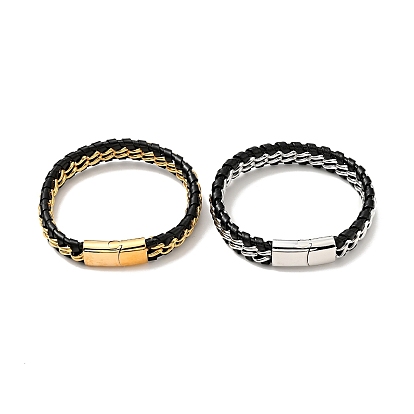 Leather & 304 Stainless Steel Braided Curb Chains Cord Bracelet with Magnetic Clasp for Men Women