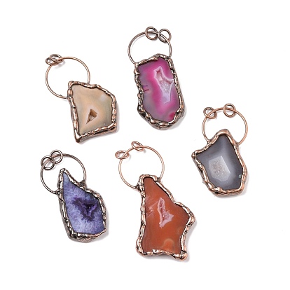 Natural Dyed Druzy Agate Big Pendants, with Red Copper Tone Brass Findings and Jump Rings, Cadmium Free & Lead Free, Polygon