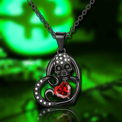Skull Diamond Heart Pendant Punk Gothic Vintage Necklace - Halloween Retro Gothic.