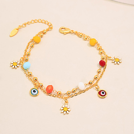Summer Beach Brass Enamel Evile Eye Daisy Flower Tassel Double Layer Anklets for Women, Colorful
