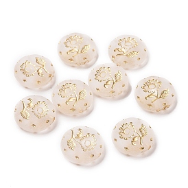 Plating Acrylic Beads, Golden Metal Enlaced, Frosted, Flat Round with Flower