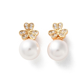 Латунные микропаве прозрачные подвески с фианитом, клевер амулеты, с абс пластмассовой имитационной жемчужиной, стойки покрытие, долговечный, без свинца и без кадмия