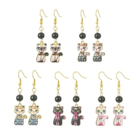5 Pair 5 Style Rack Plating Alloy Cat Shape Dangle Earrings, with Acrylic Beaded