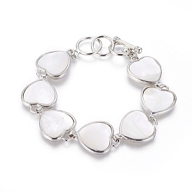 Shell Beaded Bracelets, with Brass Findings and Toggle Clasps, Heart