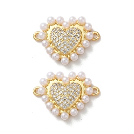 Brass Micro Pave Clear Cubic Zirconia Heart Links, with ABS Plastic Imitation Pearl