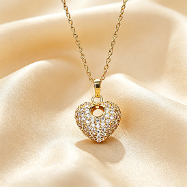 Brass Micro Pave Clear Cubic Zirconia Heart Pendant 304 Stainless Steel Cable Chain Necklaces for Women
