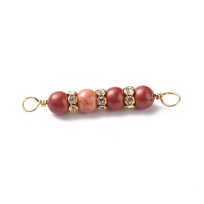 Natural Mixed Gemstone Connector Charms, with Golden Tone Copper Wire Wrapped and Brass Rhinestone Spacer Beads, Round, Mixed Dyed and Undyed