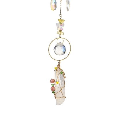 Natural Quartz Crystal Hanging Suncatchers, Rainbow Maker, with Glass Beads, Iron Ring and Brass Charm, Sun