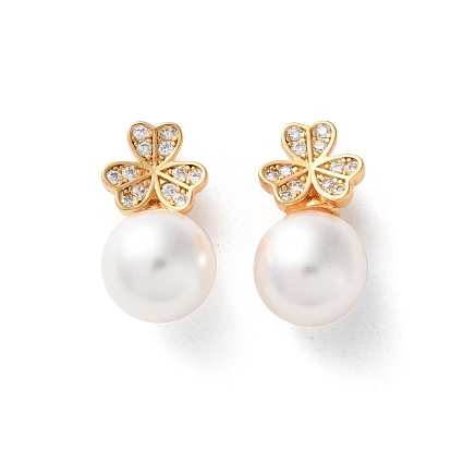 Латунные микропаве прозрачные подвески с фианитом, клевер амулеты, с абс пластмассовой имитационной жемчужиной, стойки покрытие, долговечный, без свинца и без кадмия