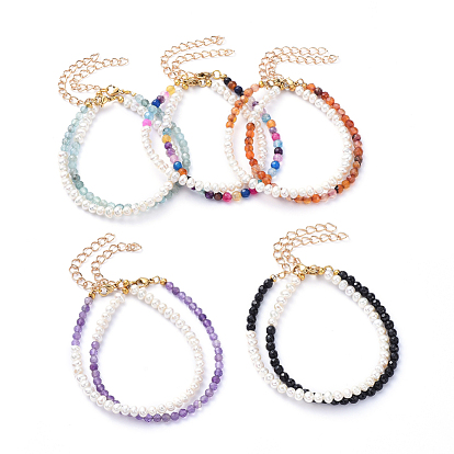 Natural Gemstone & Freshwater Pearl Beaded Bracelet Sets, Stackable Bracelets, with Lobster Claw Clasps and Brass Beads