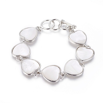Shell Beaded Bracelets, with Brass Findings and Toggle Clasps, Heart