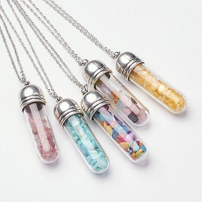 Mixed Stone Pendant Necklaces, with Brass Cross/Cable Chain, Wishing Glass Bottle, Platinum