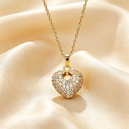 Brass Micro Pave Clear Cubic Zirconia Heart Pendant 304 Stainless Steel Cable Chain Necklaces for Women