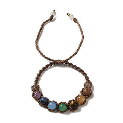 6.5mm Round Gemstone Braided Bead Chakra Bracelets, Wax Rope Adjustable Bracelets for Women Men