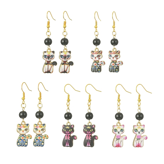5 пара 5 стиль стойка покрытие серьги из сплава в форме кошки с подвесками, с акриловыми бусинами
