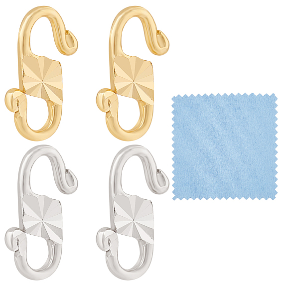 4Pcs 2 Colors Sterling Silver S-Hook Clasps with 925 Stamp, Connector Components for Jewelry Making, with 1Pc Suede Fabric Square Silver Polishing Cloth