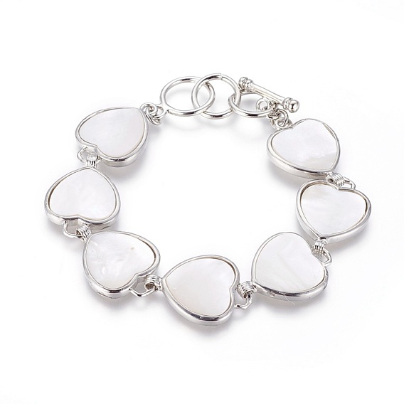 Shell Beaded Bracelets, with Brass Findings and Toggle Clasps, Heart