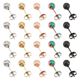 20Pcs 5 Colors Ion Plating(IP) Textured Round Bead 304 Stainless Steel Stud Earring Findings, with Ear Nuts/Earring Backs and Hole