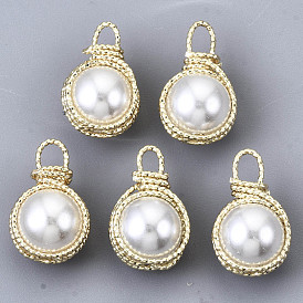 ABS Plastic Imitation Pearl Pendants, with Real 18K Gold Plated Brass Findings, Round