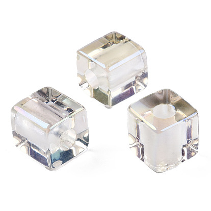 Transparent Resin European Beads, Pearl Luster Plated, Large Hole Beads, Cube