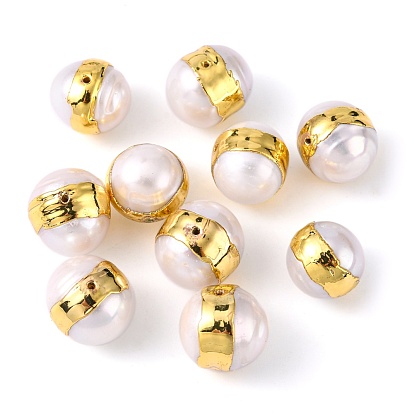 Natural Cultured Freshwater Pearl Beads, Edge Golden Plated, Round
