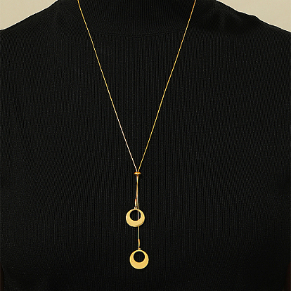 Moon/Cross Stainless Steel Pendant Necklace, Slider Snake Chain Necklace for Women, Sweater Necklace, Real 18K Gold Plated