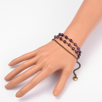 Gemstone Trendy Beads Multi-strand Bracelets, with Glass Beads, Iron Chains and Zinc Alloy Lobster Claw Clasps, 185mm