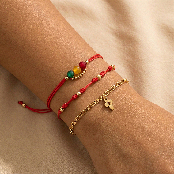 3 шт. регулируемые браслеты из полиэстера со стеклянными бусинами, браслеты из металлической цепочки с подвеской в виде креста