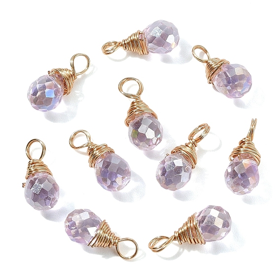 10pcs Glasanhänger, Träne, mit hellgoldem Kupferdraht, facettiert