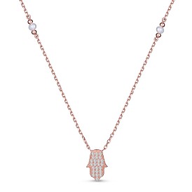 TINYSAND Hamsa Hand/Hand of Fatima/Hand of Miriam 925 Sterling Silver Cubic Zirconia Pendant Necklaces, with Pearl Beads, 17.44 inch