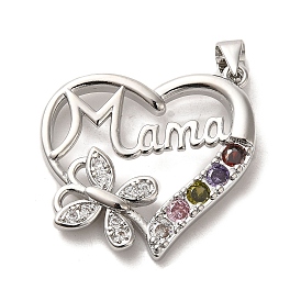 Mother's Day Brass Micro Pave Cubic Zirconia Pendants, Heart with Word Mama
