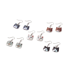 Alloy Enamel Cat Dangle Earrings, Platinum Plated 304 Stainless Steel Jewelry for Women