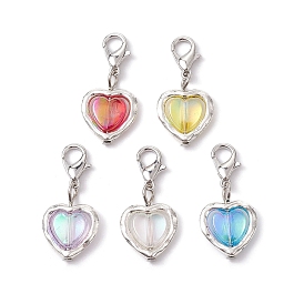 Heart Alloy & Acrylic Pendant Decorations, with Lobster Claw Clasps, Platinum