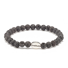 Natural Lava Rock Stretch Bracelet with Alloy Word Gratitude Beaded, Essential Oil Gemstone Jewelry for Women